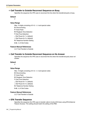 Page 1802.5 System Parameters
180 Programming Manual
Call Transfer to Outside Reconnect Sequence on Busy
Specifies the sequence the VPS uses to reconnect the line when the transferred party is busy.
Default
F
Va l u e  R a n g e
Max. 16 digits consisting of 0–9,  , # and special codes
D: Disconnecting
F: Hook Flash
R: Ringback Tone Detection
T: Dial Tone Detection
,: Dial Pause for 1 s (default)
;: Dial Pause for 3 s (default)
N: Telephone Number Dialing
0–9, , #: Dial Codes
Feature Manual References
2.2.7 Call...