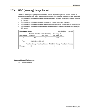 Page 2032.7 Reports
Programming Manual 203
2.7.4 HDD (Memory) Usage Report
The HDD (memory) usage report indicates the amount of disk storage used and the amount of 
available disk space. Disk space is expressed in minutes. The following statistics are also displayed:
– The number of messages that were recorded by callers and were copied since the last clearing 
of this report.
– The number of messages that were copied since the last clearing of this report.
– The number of messages that were deleted by...