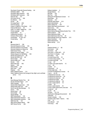 Page 237Index
Programming Manual 237
Play System Prompt after Personal Greeting 84
POP Before SMTP 190
POP Before SMTP Password 190
POP Before SMTP Username 190
POP Over SSL 191
POP Server Port No. 189
Port Affected 107
Port No. 36
Port Usage Report 202
Port/Trunk Service 91
Position of AM/PM in Time Stamp 151
Preferred DNS Server 36
Prefix (1 or 2 digits) + Mailbox No. 218
Primary Language 148
Program Mode 14
Programming Instructions 7
Prompt for Rotary Callers 95
Prompt Mode 61, 80, 123
Prompt Setting 148
R...