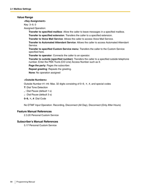 Page 682.1 Mailbox Settings
68 Programming Manual
Va l u e  R a n g e

Key: 3–9, 0
Assigned Operation:
Transfer to specified mailbox: Allow the caller to leave messages in a specified mailbox.
Transfer to specified extension: Transfers the caller to a specified extension.
Transfer to Voice Mail Service: Allows the caller to access Voice Mail Service.
Transfer to Automated Attendant Service: Allows the caller to access Automated Attendant 
Service.
Transfer to specified Custom Service menu: Transfers the caller...