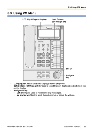 Page 658.3  Using VM Menu
•LCD (Liquid Crystal Display):  Displays menus or options.
• Soft Buttons (S1 through S4):  Used to select the item displayed on the bottom line
on the display.
• Navigator Key:
– Left and right:  Used to repeat and skip messages.
– Up and down:  Used to scroll through menus or adjust the volume.
Document Version  3.0  2010/06Subscriber’s Manual658.3 Using VM MenuSoft  Buttons 
(S1 through S4)  
ENTER
Navigator 
Key
LCD (Liquid Crystal Display)  