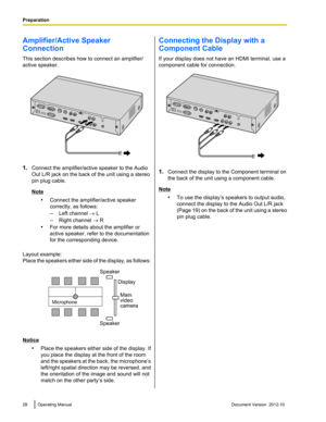 Page 28Amplifier/Active Speaker
Connection
This section describes how to connect an amplifier/
active speaker.
1. Connect the amplifier/active speaker to the Audio
Out L/R jack on the back of the unit using a stereo
pin plug cable.
Note
•Connect the amplifier/active speaker
correctly, as follows:
– Left channel  ® L
– Right channel  ® R
• For more details about the amplifier or
active speaker, refer to the documentation
for the corresponding device.
Layout example:
Place the speakers either side of the display,...