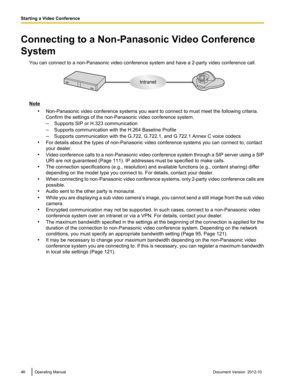 Page 46Connecting to a Non-Panasonic Video Conference
System You can connect to a non-Panasonic video conference system and have a 2-party video conference call.
Note•Non-Panasonic video conference systems you want to connect to must meet the following criteria.
Confirm the settings of the non-Panasonic video conference system.
– Supports SIP or H.323 communication
– Supports communication with the H.264 Baseline Profile
– Supports communication with the G.722, G.722.1, and G.722.1 Annex C voice codecs
• For...