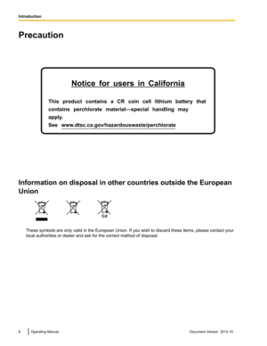 Page 6Precaution
Information on disposal in other countries outside the European
Union
These symbols are only valid in the European Union. If you wish to discard these items, please contact your
local authorities or dealer and ask for the correct method of disposal.
6Operating ManualDocument Version  2012-10  
IntroductionNotice for users in California
This product contains a CR coin cell lithium battery that 
contains perchlorate material—special handling may 
apply.
See...