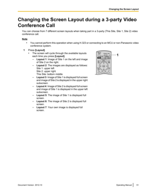 Page 51Changing the Screen Layout during a 3-party Video
Conference Call You can choose from 7 different screen layouts when taking part in a 3-party (This Site, Site 1, Site 2) video
conference call.
Note
•You cannot perform this operation when using H.323 or connecting to an MCU or non -Panasonic video
conference system.
1Press  [Layout] .
• The screen will cycle through the available layouts
each time you press  [Layout].
– Layout 1 : Image of Site 1 on the left and image
of Site 2 on the right.
– Layout 2 :...
