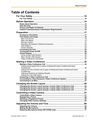 Page 7Table of ContentsFor Your Safety .. .................................................................................... 10
For Your Safety .. ............................................................................................................. 10
Before Operation .. .................................................................................. 14
Notes about Operation .. ................................................................................................. 14
Data Security .....