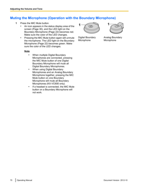 Page 70Muting the Microphone (Operation with the Boundary Microphone)1Press the MIC Mute button.
• An icon appears in the status display area of the
screen (Page 30), and the LED light on the
Boundary Microphone (Page 22) becomes red.
Make sure the color of the LED changes.
• Pressing the MIC Mute button again will unmute
the microphone. The LED light on the Boundary
Microphone (Page 22) becomes green. Make
sure the color of the LED changes.
Note
•When multiple Digital Boundary
Microphones are connected,...