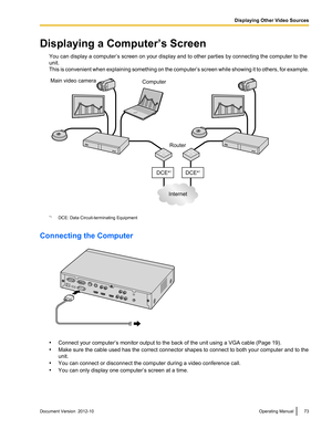 Page 73Displaying a Computer’s ScreenYou can display a computer’s screen on your display and to other parties by connecting the computer to the
unit.
This is convenient when explaining something on the computer ’s screen while showing it to others, for example.
*1
DCE: Data Circuit-terminating Equipment
Connecting the Computer
• Connect your computer’s monitor output to the back of the unit using a VGA cable (Page 19).
• Make sure the cable used has the correct connector shapes to connect to both your computer...