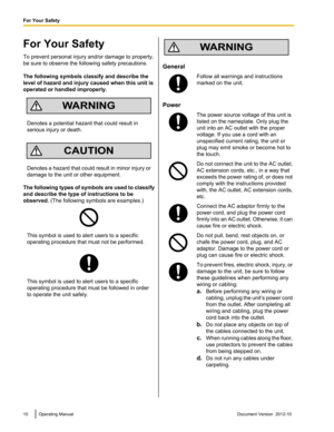 Page 10For Your Safety
To prevent personal injury and/or damage to property,
be sure to observe the following safety precautions.
The following symbols classify and describe the
level of hazard and injury caused when this unit is
operated or handled improperly.Denotes a potential hazard that could result in
serious injury or death.Denotes a hazard that could result in minor injury or
damage to the unit or other equipment.
The following types of symbols are used to classify
and describe the type of instructions...