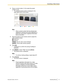 Page 614Press a numeric button (1–9) to select the preset
number to use.
• The selected preset number is displayed in the
upper right corner of the screen.
Note
•When a preset number that has already been
registered is selected and preset registration is
performed, that preset’s registered information
will be overwritten.
5Press the buttons on the remote control to adjust the
video camera’s preset.
[B] : Zoom out
[R] : Zoom in
[
][] : Pan the video camera left/right.
[
][] : Tilt the video camera up/down....