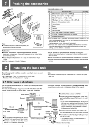 Page 2
23
1
Select the appropriate installation procedure according to where you want 
to use the unit.
– In a hotel room: Follow the instructions 2-A on this page.
– At home:
 Follow the instructions 2-B on page 4.
Packing the accessories
2Installing the base unit
Ô
Included accessories
No.Accessory itemQuantity
1Ethernet cable (approx. 0.5 m [1.6 feet])1
2Charge cable (approx. 0.5 m [1.6 feet])1
3AC cord*1 (approx. 1.7 m [5.6 feet])1
4AC adaptor for base unit (approx. 1.83 m [6 feet])1
5Base unit (Wireless...