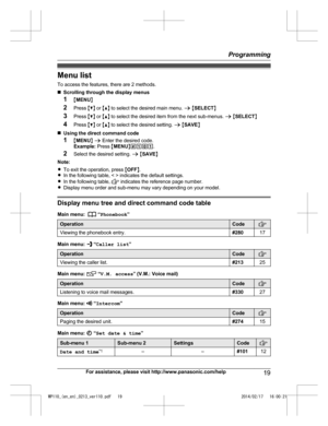 Page 19Menu list
To
 
access the features, there are 2 methods.
n Scrolling through the display menus
1 MMENU N
2 Press  MC N or  MD N to select the desired main menu.  a M SELECT N
3 Press  MC N or  MD N to select the desired item from the next sub-menus.  a M SELECT N
4 Press  MC N or  MD N to select the desired setting.  a M SAVE N
n Using the direct command code
1 MMENU N a  Enter the desired code.
Example:  Press MMENU N#101 .
2 Select the desired setting.  a M SAVE N
Note:
R To exit the operation, press...