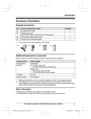 Page 3Accessory information
Supplied accessories
No. Accessory item/Order number Quantity
A AC adaptor/PNLV226Z 1
B Telephone line cord/
PQJ
A10075Y (Black) or PQJA10075Z (Transparence) 1
C Rechargeable batteries/HHR-4DPA 2
D Handset cover *
1
/P
 NYNWPA20BR 1*1 The handset cover comes attached to the handset.
A B C D        
Additional/replacement accessories
Pl
e

ase contact your nearest Panasonic dealer for sales information (page 39). Accessory item Order number
Rechargeable
b a
t

teries HHR-4DPA
*1
R...