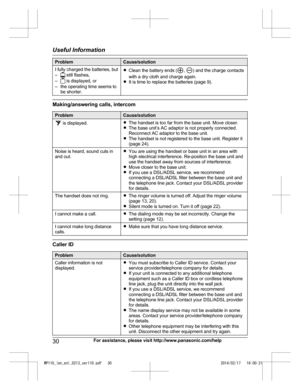 Page 30Problem Cause/solution
I fully charged the batteries, but
–  still flashes,
–  is displayed, or
– t h
e operating time seems to
be shorter. R
Clean the battery ends ( ,  ) and the charge contacts
wit

h a dry cloth and charge again.
R It is time to replace the batteries (page 9). Making/answering calls, intercom
Problem Cause/solution
 is displayed.
R
The handset is too far from the base unit. Move closer.
R Th

e base unit’s AC adaptor is not properly connected.
Reconnect AC adaptor to the base unit.
R...