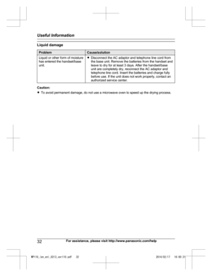 Page 32Liquid damage
Problem Cause/solution
Liquid or other form of moisture
ha s
 entered the handset/base
unit. R
Disconnect the AC adaptor and telephone line cord from
th
e base unit. Remove the batteries from the handset and
leave to dry for at least 3 days. After the handset/base
unit are completely dry, reconnect the AC adaptor and
telephone line cord. Insert the batteries and charge fully
before use. If the unit does not work properly, contact an
authorized service center. Caution:
R
To 

avoid permanent...
