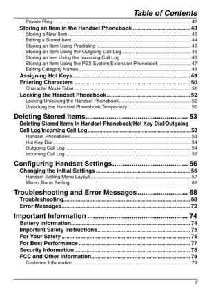 Page 3Table of Contents
3
Private Ring ............................................................................\
.......................... 42Storing an Item in the Handset Phonebook ..................................... 43Storing a New Item .... ........................................................................\
............... 43
Editing a Stored Item  .... ........................................................................\
............ 44
Storing an Item Using Predialing
 .......