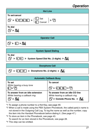 Page 27Operation
27
Hot Line
To set/cancel
Set
Cancel
To dial
Operator Call
System Speed Dialing
To dial
System Speed Dial No. (3 digits)
Doorphone Call
Doorphone No. (2 digits)
Automatic Callback Busy
To set
While hearing a busy tone
To cancel
To answer from an idle extension
While hearing a callback ringTo answer from an idle CO line
While hearing a callback ring
Outside Phone No. 
*1	To	assign	a	phone	number	to	a	Hot	Key,	see	page	49.
*2 When a call is made using the PBX System Phonebook, the called party’\...