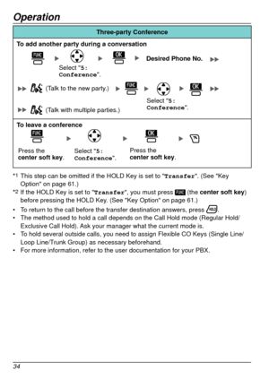 Page 34Operation
34
Three‑party Conference
T
o add another party during a conversation
(Talk to the new party.)
Select 5: 
Conference .
(Talk with multiple parties.)
Select 5: 
Conference.
Desired Phone No.
To leave a conference
Press the  
center soft key .Select 5: 
Conference.Press the  
center soft key
.
*1 This step can be omitted if the HOLD Key is set to "Transfer ". (See "Key 
Option" on page   61.)
*
2 If the HOLD Key is set to " Transfer", you must press  (the center soft key)...