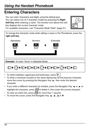 Page 50Using the Handset Phonebook
50
Entering Characters
You can enter characters and digits using the dialing keys.
You can select one of 3 character modes by pressing the Right 
Soft Key while entering a name. The function icon above the soft 
key displays the current character mode.
For available characters, see "Character Mode Table" (page
  51).A, aB, bC, c
To change the character mode while editing a name in the Phonebook, press\
 the 
right soft key.
Alphabetic NumericExtended
Example: To enter...