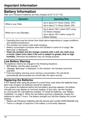 Page 74Important Information
74Important Information
Battery InformationAfter your Panasonic batteries are fully charged (at 25 °C [77 °F]):
Operation
Operating Time
While in use (Talk) Up to about 8
  h (Voice Clarity: OFF)
Up to about 7
  h (Voice Clarity: ON)
While not in use (Standby) Up to about 168
  h (when NOT using 
CO Status Display)
Up to about 150
  h (when using CO 
Status Display)
•	 Operating time may be shorter than listed above depending on usage condi\
tions 
and ambient temperature.
•	 The...