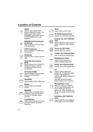 Page 1212
Location of Controls
PAUSE:
Used to insert a pause when 
storing a telephone number. This 
button also functions as the 
PROGRAM  button when there is 
no PROGRAM button on your 
telephone.
FWD/DND (Call Forwarding/Do 
Not Disturb):
Used to perform Call Forwarding or Do Not Disturb.
CONF (Conference):Used to establish a multiple-party conversation.
INTERCOM:
Used to make or receive intercom calls.
AUTO ANS (Auto Answer)/
MUTE:
Used to receive an incoming call in  
hands-free mode or mute the...