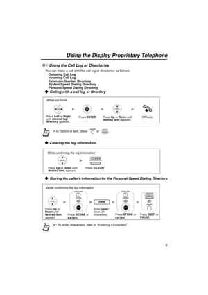 Page 55
  Using the Call Log or Directories
You can make a call with the call log or directories as follows:
Outgoing Call Log
Incoming Call Log
Extension Number Directory
System Speed Dialing Directory
Personal Speed Dialing Directory
    Calling with a call log or directory
    Clearing the log information
    
Storing the caller’s information for the Personal Speed Dialing Directory
To cancel or exit, press   or  .
* To enter characters, refer to “Entering Characters”.
Press ENTER.
While on-hook
Press Up...