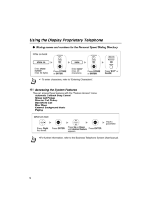 Page 66
Using the Display Proprietary Telephone
    Storing names and numbers for the Personal Speed Dialing Directory
Accessing the System Features
You can access these features with the “Feature Access” menu:
Automatic Callback Busy Cancel
Group Call Pickup
Directed Call Pickup
Doorphone Call
Door Open
External Background Music
Paging* To enter characters, refer to “Entering Characters”.
For further information, refer to the Business Telephone System User Manual.
While on-hook
Enter phone
number
(max. 32...