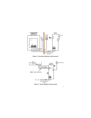 Page 55
Max 500 m (1640 ft)
22 AWG
REAR OF UNIT
TO PBX DOOR
CHIME
SYSTEM
DOOR
1
BELL
INPUT
DOORPHONE
MODULEPOWER
MODULE
-
+
Figure 2 - Doorphone Modules Interconnects
AC
ADAPTOR
Max 500 m (1640 ft)
22 AWG
DOOR
1
POWER
MODULE
MODULAR
JACK 2
3
4
5
PBX
DOORPHONE
CARDAC ADAPTOR
Figure 3 - Power Modules Interconnects
Note: Polarity sensitive.
Refer to pages 6 to
8 for pin details. 