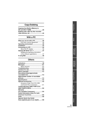 Page 1111VQT3Y04
Preparation
Basic
Advanced 
(Recording)
Copy/Dubbing
With a PC
Others
Advanced 
(Playback)
Copy/Dubbing
Copying from Built-in Memory to 
SD card [HC-V100M] ............................... 80
Dubbing with a Blu-ray disc recorder, 
video devices, etc. .................................. 82
With a PC
What you can do with a PC .................... 86
End User License Agreement ...........  88
Operating environment .......................... 90
Installation...