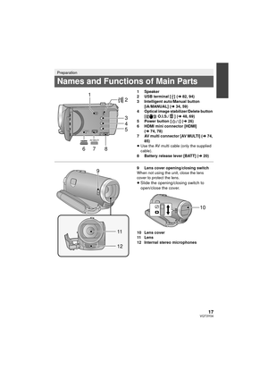 Page 1717VQT3Y04
1 Speaker
2 USB terminal [ ] (l82, 94)
3 Intelligent auto/Manual button  [iA/MANUAL] ( l34, 59)
4 Optical image stabilizer/Delete button  [ O.I.S./ ] ( l48, 69)
5 Power button [ ] ( l26)
6 HDMI mini connector [HDMI] 
(l 74, 78)
7 AV multi connector [AV MULTI] ( l74, 
85)
≥ Use the AV multi cable (only the supplied 
cable).
8 Battery release lever [BATT] (l 20)
9 Lens cover opening/closing switch
When not using the unit, close the lens 
cover to protect the lens.
≥Slide the opening/closing...