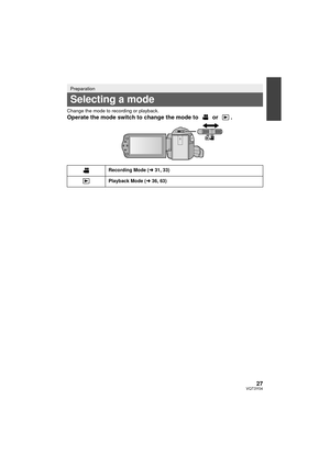 Page 2727VQT3Y04
Change the mode to recording or playback.
Operate the mode switch to change the mode to   or  .
Preparation
Selecting a mode
Recording Mode (l31, 33)
Playback Mode ( l36, 63)
HC-V100&V100MP_PC_PU_VQT3Y04_mst.book  27 ページ  ２０１２年１月５日　木曜日　午前１０時２０分 