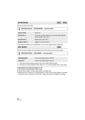 Page 5454VQT3Y04
Set the maximum zoom ratio.
≥The larger the digital zoom magnification, the more the image quality is degraded.
Switch the picture quality and recording format of the motion pictures to be recorded.
*1 Recording will have higher quality in the order of [HA], [HG] and [HX].
*2 [iFrame] is a format suitable for Mac (iMovie’11). It is recommended when using a Mac.
≥ Recordable time using the battery (l 23)
≥ This function’s default setting is [HG] mode.
≥ Please refer to page 114 about approximate...