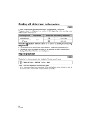 Page 6464VQT3Y04
Creating still picture from motion picture
A single frame from the recorded motion picture can be saved as a still picture.
The picture size of the still picture to be created will differ depending on the recording mode 
of the recorded motion picture.
Press the   button at the location to be saved as a still picture during 
the playback.
≥It is convenient to use Pause, Slow-motion Playback and Frame-by-frame Playback.
≥ The date the motion picture was recorded will be registered as date of the...