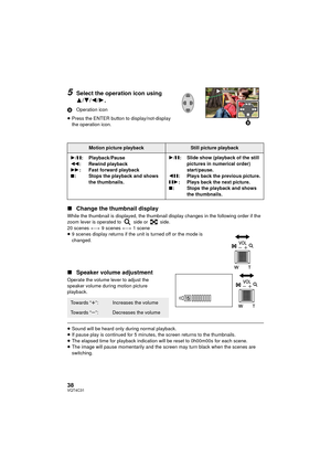 Page 3838VQT4C31
5Select the operation icon using 
3/4/2/1.
B Operation icon
≥ Press the ENTER button to display/not-display 
the operation icon.
∫ Change the thumbnail display
While the thumbnail is displayed, the thumbnail display changes in the following order if the 
zoom lever is operated to   side or   side.
20 scenes  () 9 scenes ()  1 scene
≥ 9 scenes display returns if the unit is turned off or the mode is 
changed.
∫ Speaker volume adjustment
Operate the volume lever to adjust the 
speaker volume...