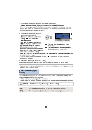 Page 28- 28 -
4(Only when setting the region of your travel destination)
Select [DESTINATION] using 
2/1 and press the ENTER button.≥When the home region is set for the first time, the screen for selecting home/travel destination 
appears after setting the home region successively. If the home region has already been set 
once, execute the menu operation for Step 1.
5 (Only when setting the region of 
your travel destination)
Select your travel destination 
using 
2/1 and press the 
ENTER button.
≥Press 3 to...