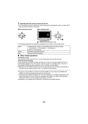 Page 65- 65 -
3Operate with the remote control for the TV.≥You can select the scene or picture you want to play back by pressing the button up, down, left or 
right, and then the button in the center.
≥
The following operations are available by pressing the color buttons on the remote control.
∫ Other linked operations
Turning the unit off:
If you use the remote control for the TV to turn off the power, this unit also turns off.
Automatic input switching:
If you connect with an HDMI mini cable and then turn on...