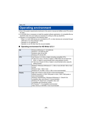 Page 77- 77 -
≥Even if the system requirements mentioned in this owner’s manual are fulfilled, some PCs cannot 
be used.
≥ A CD-ROM drive is necessary to install the supplied software applications. (A compatible Blu-ray 
disc/DVD writer drive and media are necessary for writing to a Blu-ray disc/DVD.)
≥ Operation is not guaranteed in the following cases.
jWhen 2 or more USB devices are connected to a PC, or when devices are connected through 
USB hubs or by using extension cables.
j Operation on an upgraded...