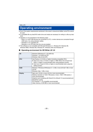 Page 77- 77 -
≥Even if the system requirements mentioned in this owner’s manua l are fulfilled, some PCs cannot 
be used.
≥ A compatible Blu-ray disc/DVD writer drive and media are necess ary for writing to a Blu-ray disc/
DVD.
≥ Operation is not guaranteed in the following cases.
jWhen 2 or more USB devices are connected to a PC, or when devic es are connected through 
USB hubs or by using extension cables.
j Operation on an upgraded OS.
j Operation on an OS other than the one pre-installed.
≥ This software is...