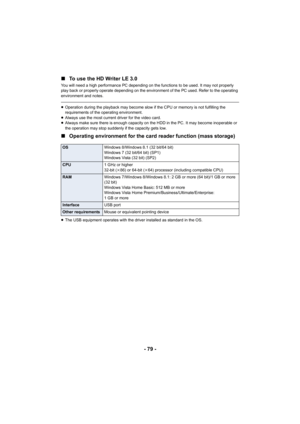 Page 79- 79 -
∫
To use the HD Writer LE 3.0
You will need a high performance PC depending on the functions  to be used. It may not properly 
play back or properly operate depending on the environment of t he PC used. Refer to the operating 
environment and notes.
≥ Operation during the playback may become slow if the CPU or mem ory is not fulfilling the 
requirements of the operating environment.
≥ Always use the most current driver for the video card.
≥ Always make sure there is enough capacity on the HDD in...