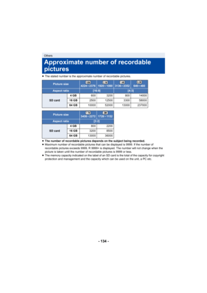 Page 134- 134 -
≥The stated number is the approximate number of recordable pictu res.
≥ The number of recordable pictures depends on the subject being  recorded.
≥ Maximum number of recordable pictures that can be displayed is  9999. If the number of 
recordable pictures exceeds 9999, R 9999+ is displayed. The num ber will not change when the 
picture is taken until the number of recordable pictures is 999 9 or less.
≥ The memory capacity indicated on the label of an SD card is the total of the capacity for...