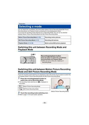 Page 15- 15 -
You can switch this unit between Recording Mode (Motion Picture Recording Mode/Still Picture 
Recording Mode) and Playback Mode by pressing the recording/playback button.
If you touch the recording mode switching icon in Recording Mod e, this unit can be switched 
between Motion Picture Recording Mode and Still Picture Recordi ng Mode.
Switching this unit between Recording Mode and 
Playback Mode
Switching this unit between Motion Picture Recording 
Mode and Still Picture Recording Mode
Touch the...