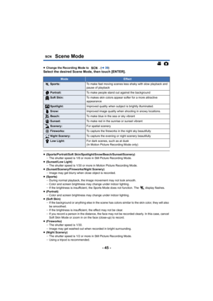 Page 45- 45 -
Scene Mode
≥Change the Recording Mode to  . ( l39)Select the desired Scene Mode, then touch [ENTER].
≥(Sports/Portrait/Soft Skin/Spotlight/Snow/Beach/Sunset/Scenery)
jThe shutter speed is 1/8 or more in Still Picture Recording Mod e.
≥ (Sunset/Low Light)
jThe shutter speed is 1/30 or more in Motion Picture Recording M ode.
≥ (Sunset/Scenery/Fireworks/Night Scenery)
jImage may get blurry when close object is recorded.
≥ (Sports)
jDuring normal playback, the image movement may not look smooth.
j...