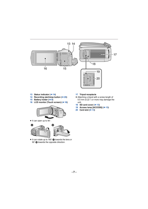 Page 7- 7 -
13Status indicator ( l14)
14 Recording start/stop button ( l20)
15 Battery holder ( l9)
16 LCD monitor (Touch screen) ( l16)
≥ It can open up to 90 o.
≥ It can rotate up to 180 o A towards the lens or 
90 o B  towards the opposite direction. 17
Tripod receptacle
≥ Attaching a tripod with a screw length of 
5.5 mm (0.22 q) or more may damage the 
unit.
18 SD card cover (l 13)
19 Access lamp [ACCESS] ( l13)
20 Card slot ( l13)
17
18
19
20
13 14
15
16
 