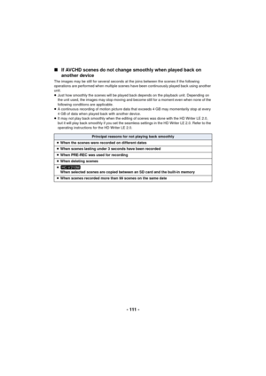 Page 111- 111 -
∫
If AVCHD scenes do not change smoothly when played back on 
another device
The images may be still for several seconds at the joins between the scenes if the following 
operations are performed when multiple scenes have been continuously played back using another 
unit.
≥Just how smoothly the scenes will be played back depends on the playback unit. Depending on 
the unit used, the images may stop moving and become still for a moment even when none of the 
following conditions are applicable.
≥...