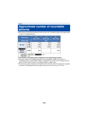 Page 119- 119 -
≥SD cards are only mentioned with their main memory size. The stated number is the approximate 
number of recordable pictures.
*1 // only
*2  only
≥ The number of recordable pictures depends on the subject being recorded.
≥ Maximum number of recordable pictures that can be displayed is 9999. If the number of 
recordable pictures exceeds 9999, R 9999+ is displayed. The number will not change when the 
picture is taken until the number of recordable pictures is 9999 or less.
≥ The memory capacity...