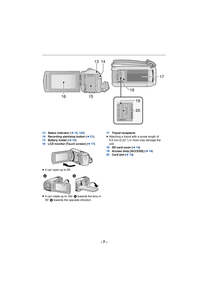 Page 7- 7 -
13Status indicator ( l15, 142 )
14 Recording start/stop button ( l21)
15 Battery holder ( l10)
16 LCD monitor (Touch screen) ( l17)
≥ It can open up to 90 o.
≥ It can rotate up to 180 o A towards the lens or 
90 o B  towards the opposite direction. 17
Tripod receptacle
≥ Attaching a tripod with a screw length of 
5.5 mm (0.22 q) or more may damage the 
unit.
18 SD card cover (l 14)
19 Access lamp [ACCESS] ( l14)
20 Card slot ( l14)
17
18
19
20
13 14
15
16
 