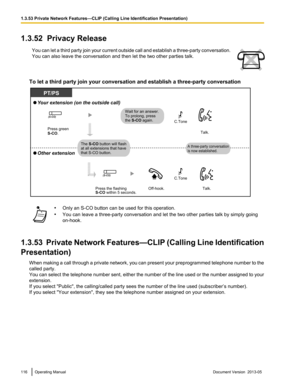 Page 1161.3.52  Privacy Release
You can let a third party join your current outside call and establish a three-party  conversation.
You can also leave the conversation and then let the two other parties talk. To let a third party join your conversation and establish a three
-party conversation•
Only an S-CO button can be used for this operation.
• You can leave a three

-party conversation and let the two other parties talk by simply going
on-hook.
1.3.53  Private Network Features—CLIP (Calling 
 Line...