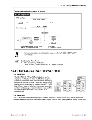 Page 123To change the cleaning status of a room
•
For information about other Hospitality features, refer to  "1.3.34  HOSPITALITY
FEATURES". Customizing Your Phone
•
3.1.4  Customizing the Buttons
Create or edit a Check-in, Check

-out, or Cleaned-up button.
1.3.61  Self Labeling (KX-NT366/KX-NT560) For KX-NT366:The KX-NT366 IP-PT has 12 flexible buttons, and a
display for each button to show what feature, telephone
number 

or extension number is assigned to it. The display
can also be switched to show...