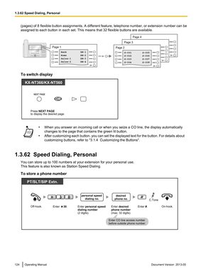 Page 124(pages) of 8 flexible button assignments. A different feature, telephone number, or extension number can be
assigned to each button in each set. This means that 32 flexible buttons are available.
To switch display
•
When you answer an incoming call or when you seize a CO line, the display automatically
changes to the page that contains the green lit button.
• After 
customizing each button, you can set the displayed text for the button. For details about
customizing buttons, refer to "3.1.4...