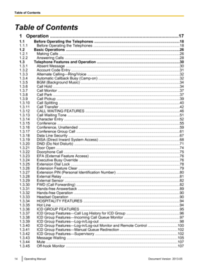 Page 14Table of Contents
1 Operation .. .............................................................................................. 17
1.1 Before Operating the Telephones .. ............................................................................... 18
1.1.1 Before Operating the Telephones .. ................................................................................ 18
1.2 Basic Operations ................................................................................................................